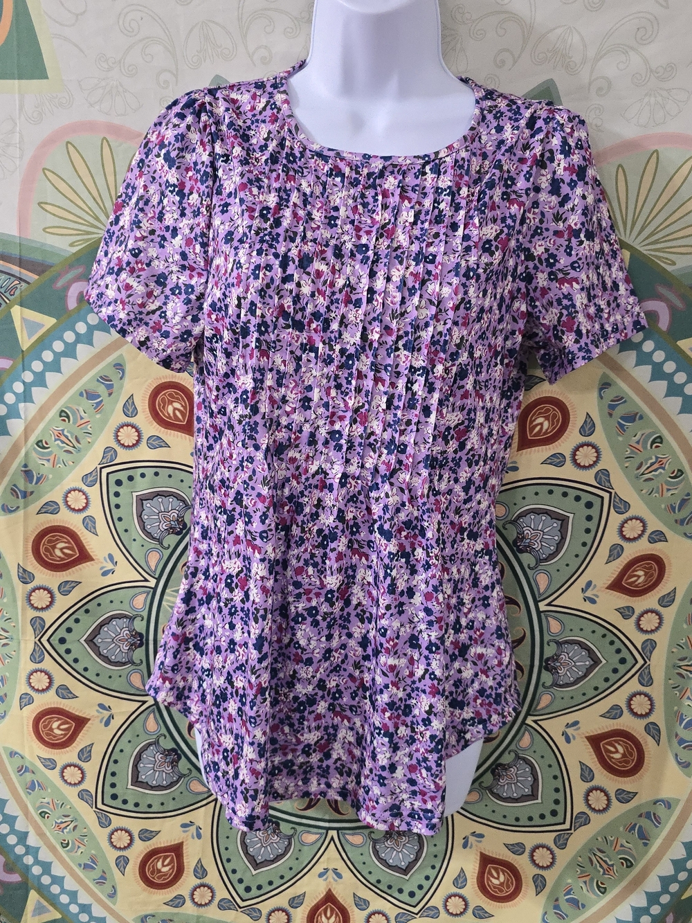 Pleated Floral Short-Sleeve Blouse - Purple Pink